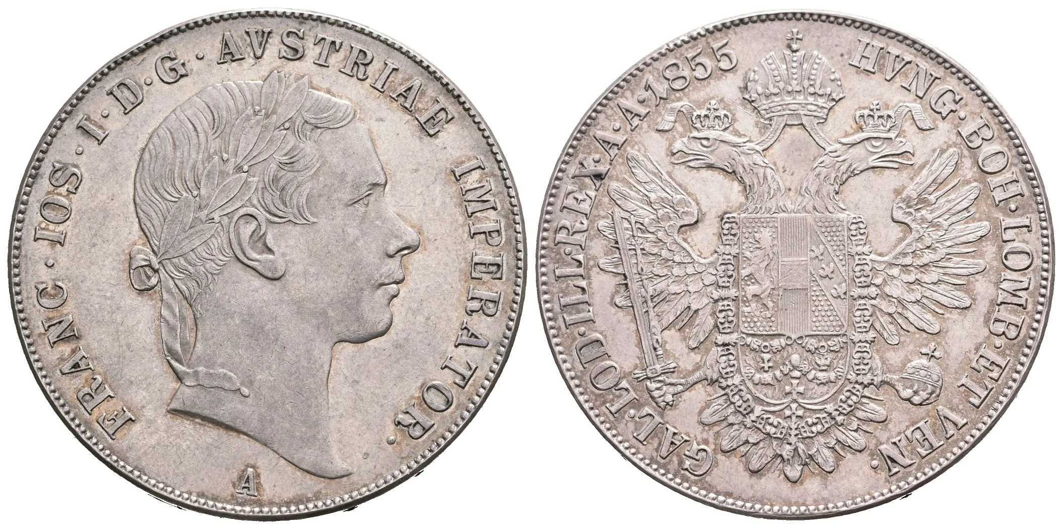 Tolar 1855 A, velmi pěkná zachovalost, zbytky lesku, patina, rysky a drobné hranky — 1