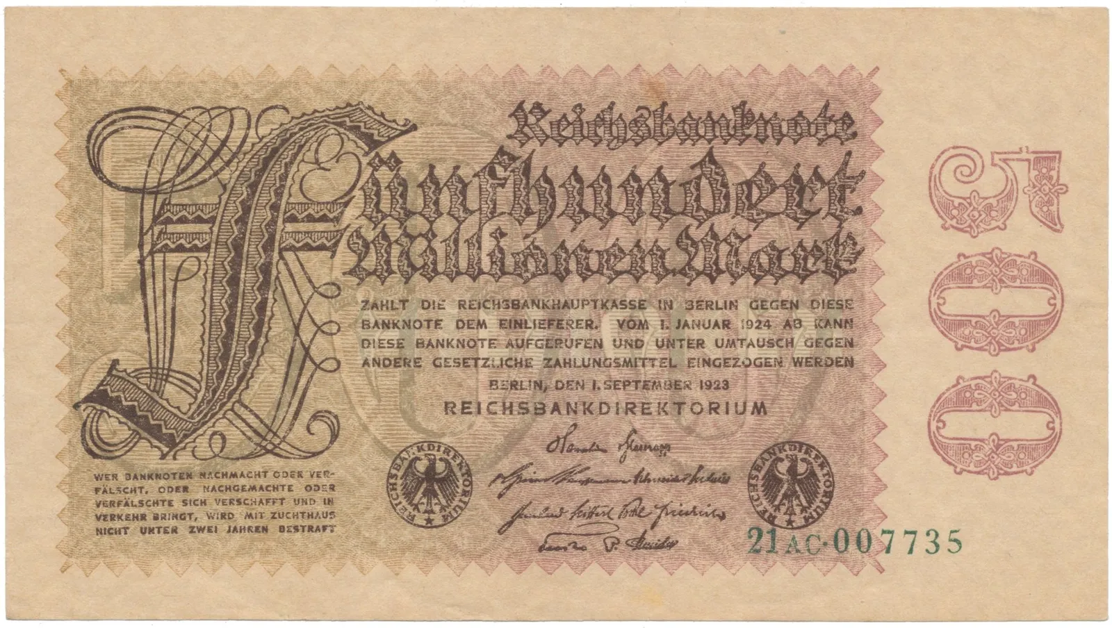 Německo, 500 Millionen Mark 1923, vodoznak Kreuzblütten, Ro.109b