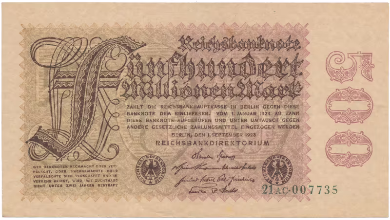 Německo, 500 Millionen Mark 1923, vodoznak Kreuzblütten, Ro.109b
