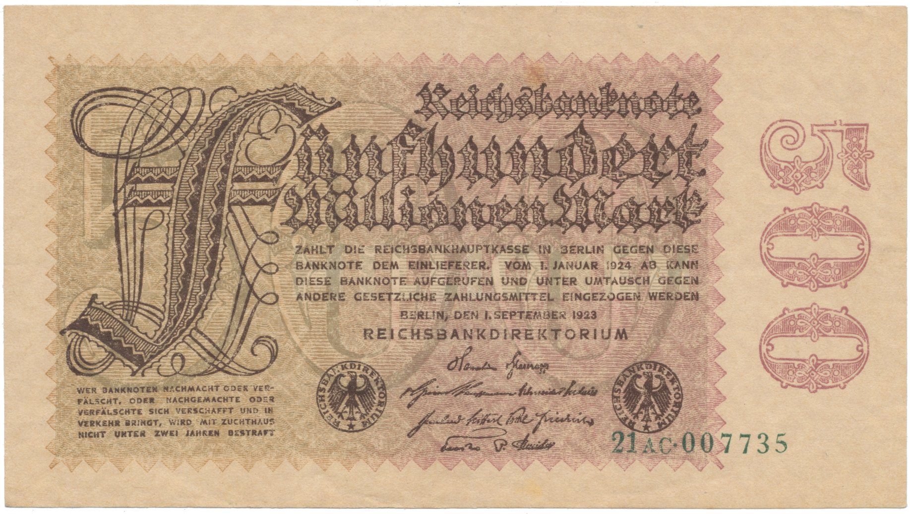 Německo, 500 Millionen Mark 1923, vodoznak Kreuzblütten, Ro.109b