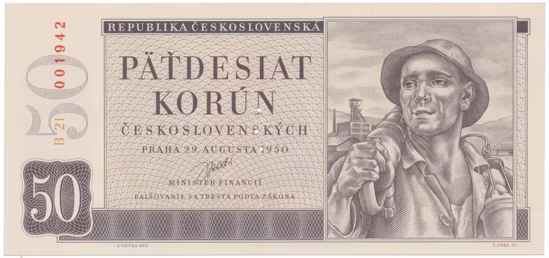 50 Koruna 1950, II. vydání, perforace 3 m.d. v obloučku, Hej.88aS2