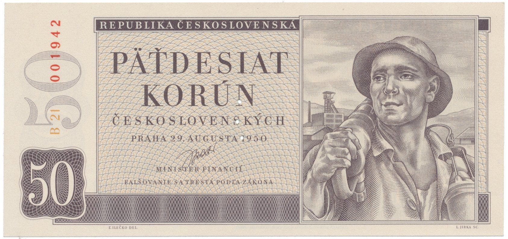 50 Koruna 1950, II. vydání, perforace 3 m.d. v obloučku, Hej.88aS2