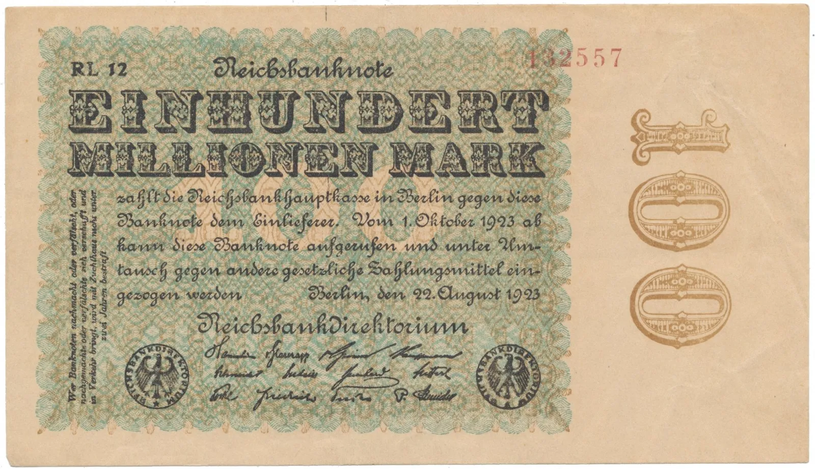 Německo, 100 Millionen Mark 1923, Hakensterne, Ro.106l