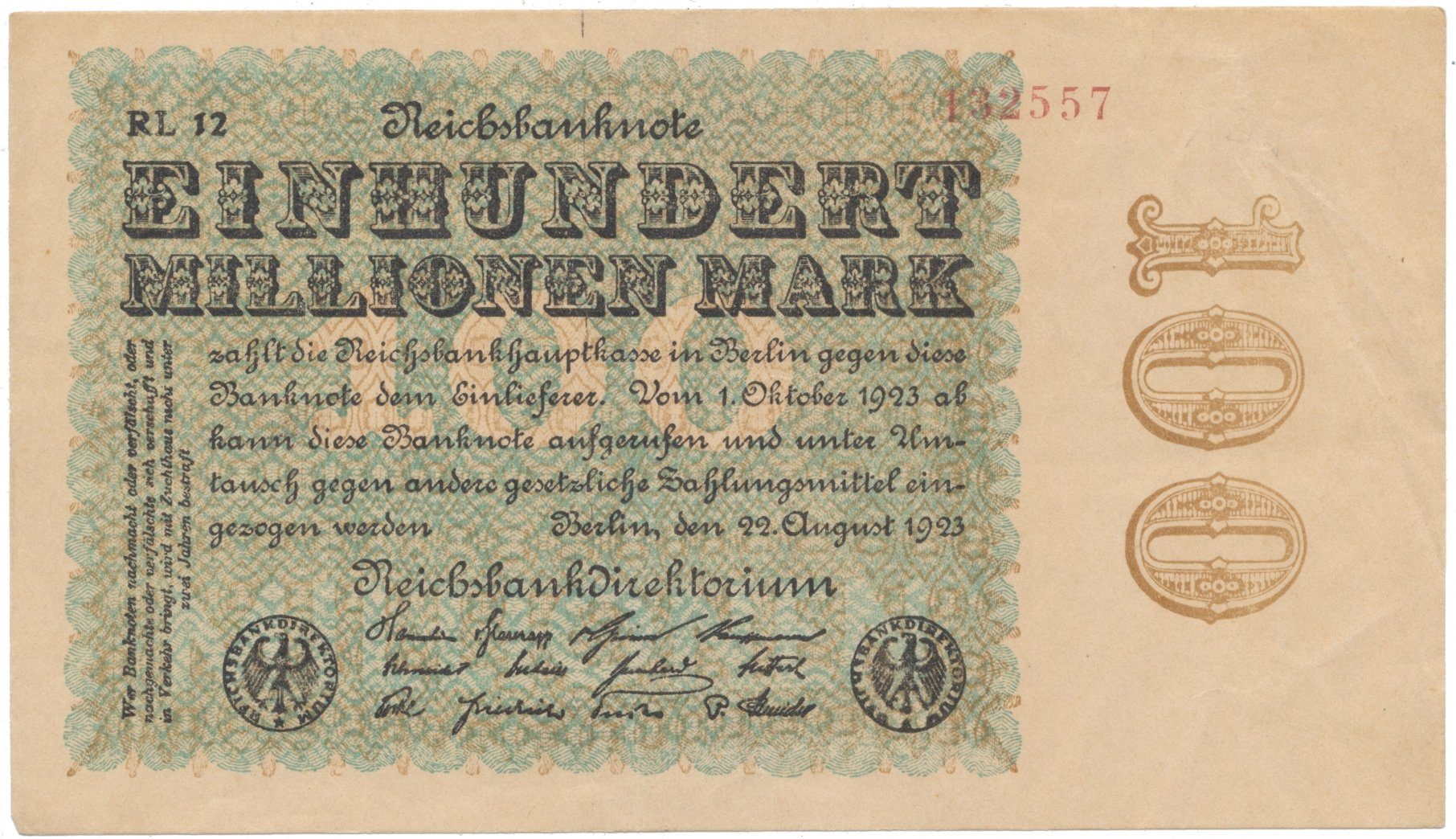 Německo, 100 Millionen Mark 1923, Hakensterne, Ro.106l