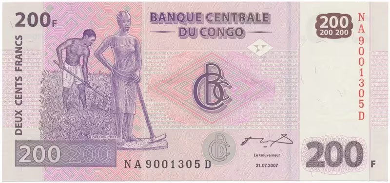 Kongo Dem. Republika, 200 Francs 2007, tisk G&D, P.100
