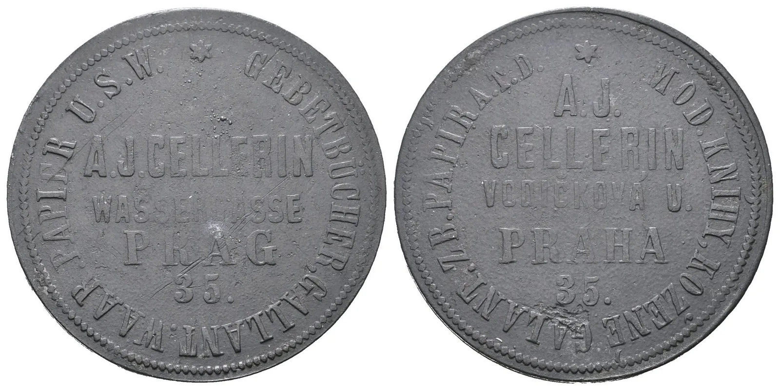 Praha - A.J. Cellerin, Vodičková ulice, reklamní žeton. Zn 31 mm — 1