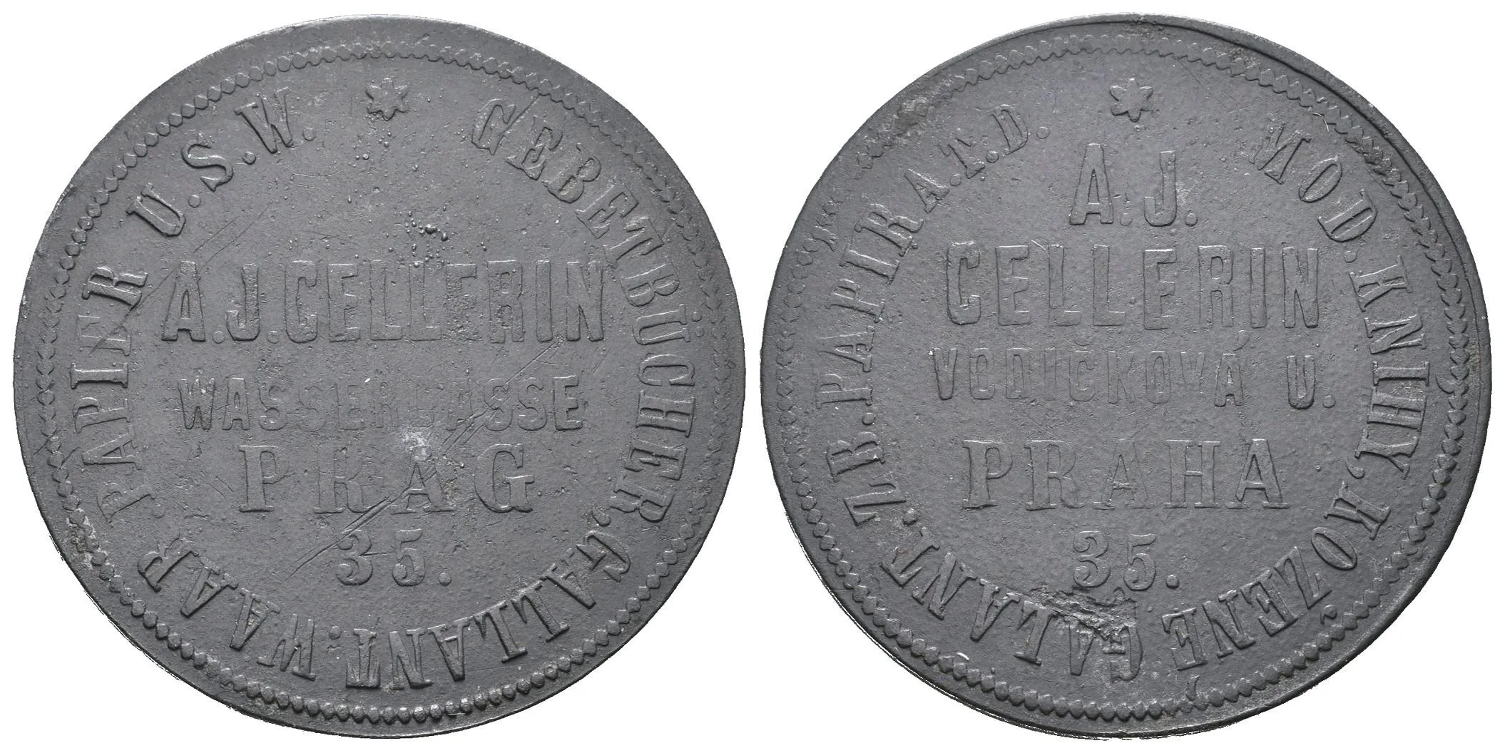 Praha - A.J. Cellerin, Vodičková ulice, reklamní žeton. Zn 31 mm — 1
