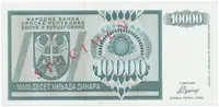 Bosna a Hercegovina, 10.000 Dinara 1992, bankovní vzor, AA 0000000, přet. SPECIMEN, P.139s - fotografie 2