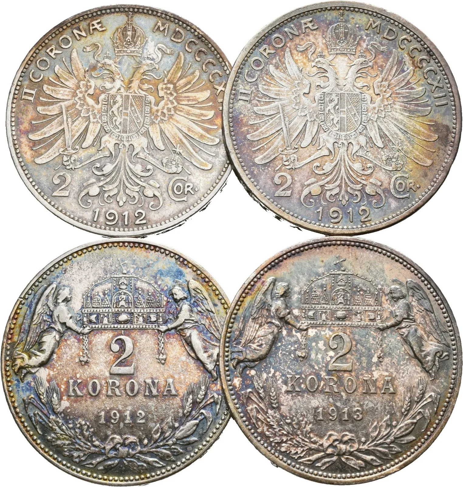 2 Koruna 1912, 1913 + 1912, 1913 KB, pěkné zachovalosti, duhová patina_4 ks — 1