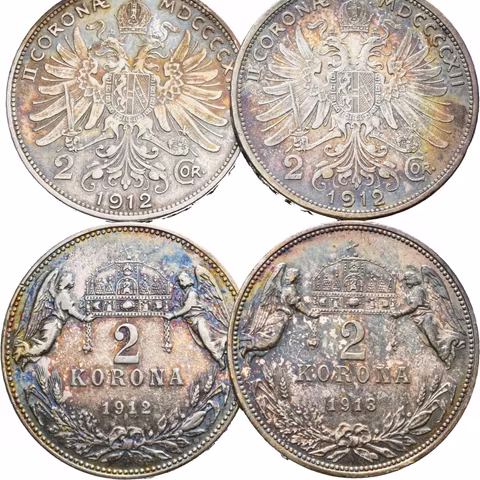 2 Koruna 1912, 1913 + 1912, 1913 KB, pěkné zachovalosti, duhová patina_4 ks