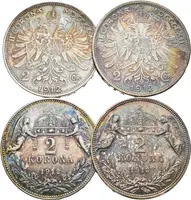 2 Koruna 1912, 1913 + 1912, 1913 KB, pěkné zachovalosti, duhová patina_4 ks — 1
