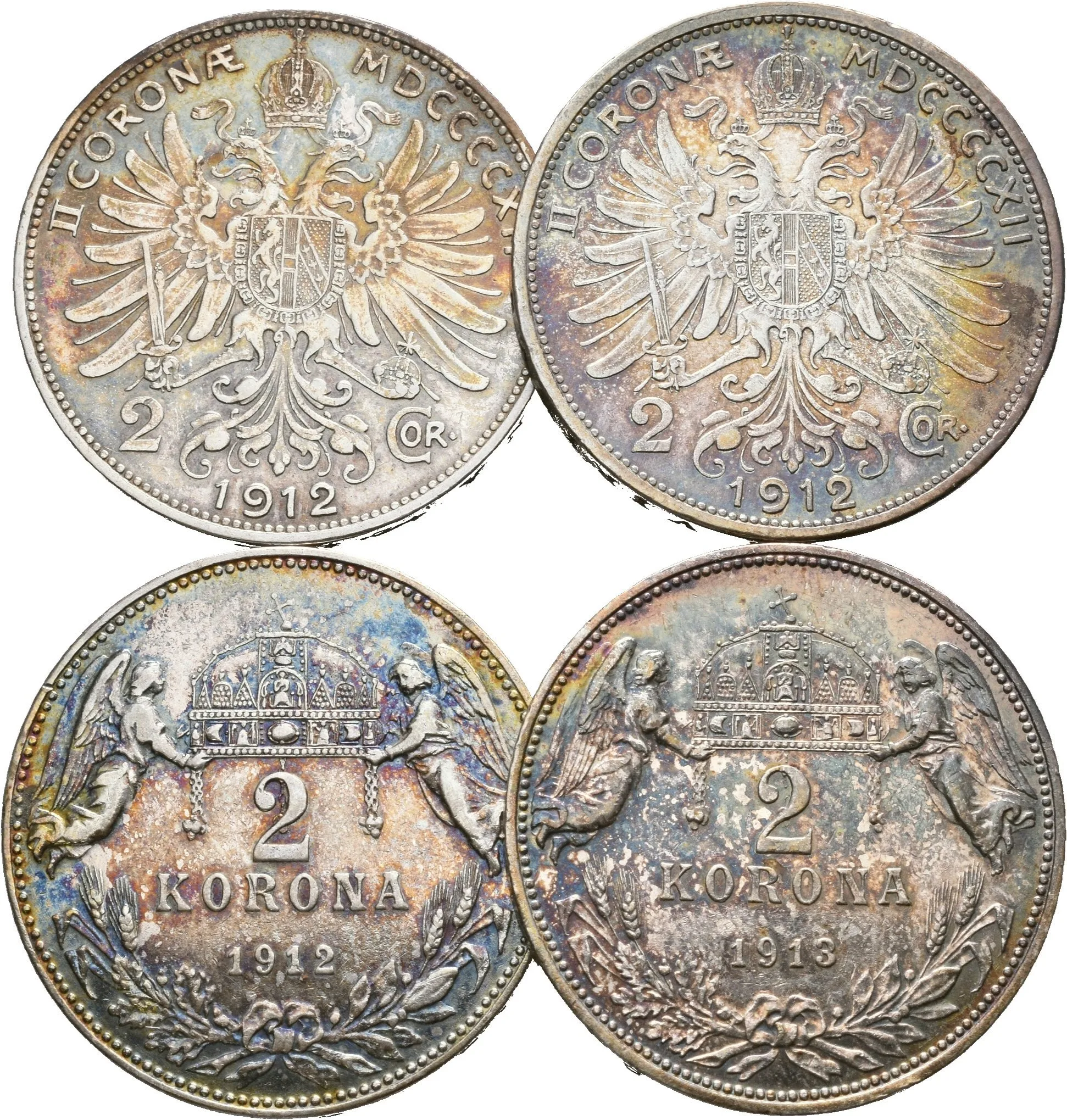 2 Koruna 1912, 1913 + 1912, 1913 KB, pěkné zachovalosti, duhová patina_4 ks — 1