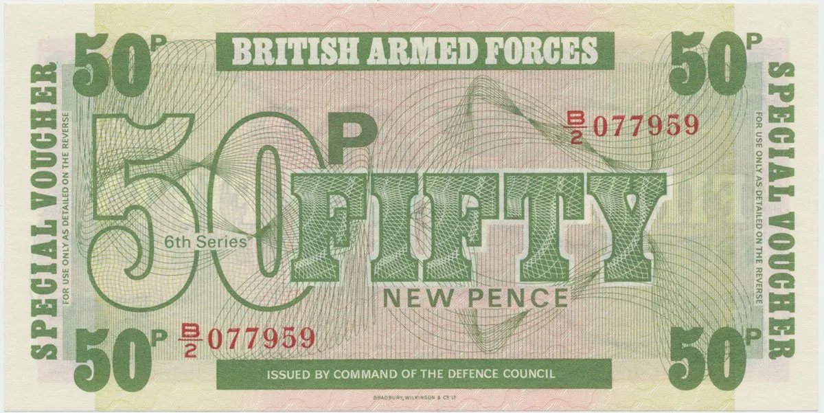 Velká Británie, 50 New Pence (1972), BAF - vojenské vydání, II. vydání - tisk BWC, P.M49