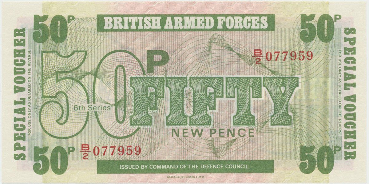 Velká Británie, 50 New Pence (1972), BAF - vojenské vydání, II. vydání - tisk BWC, P.M49