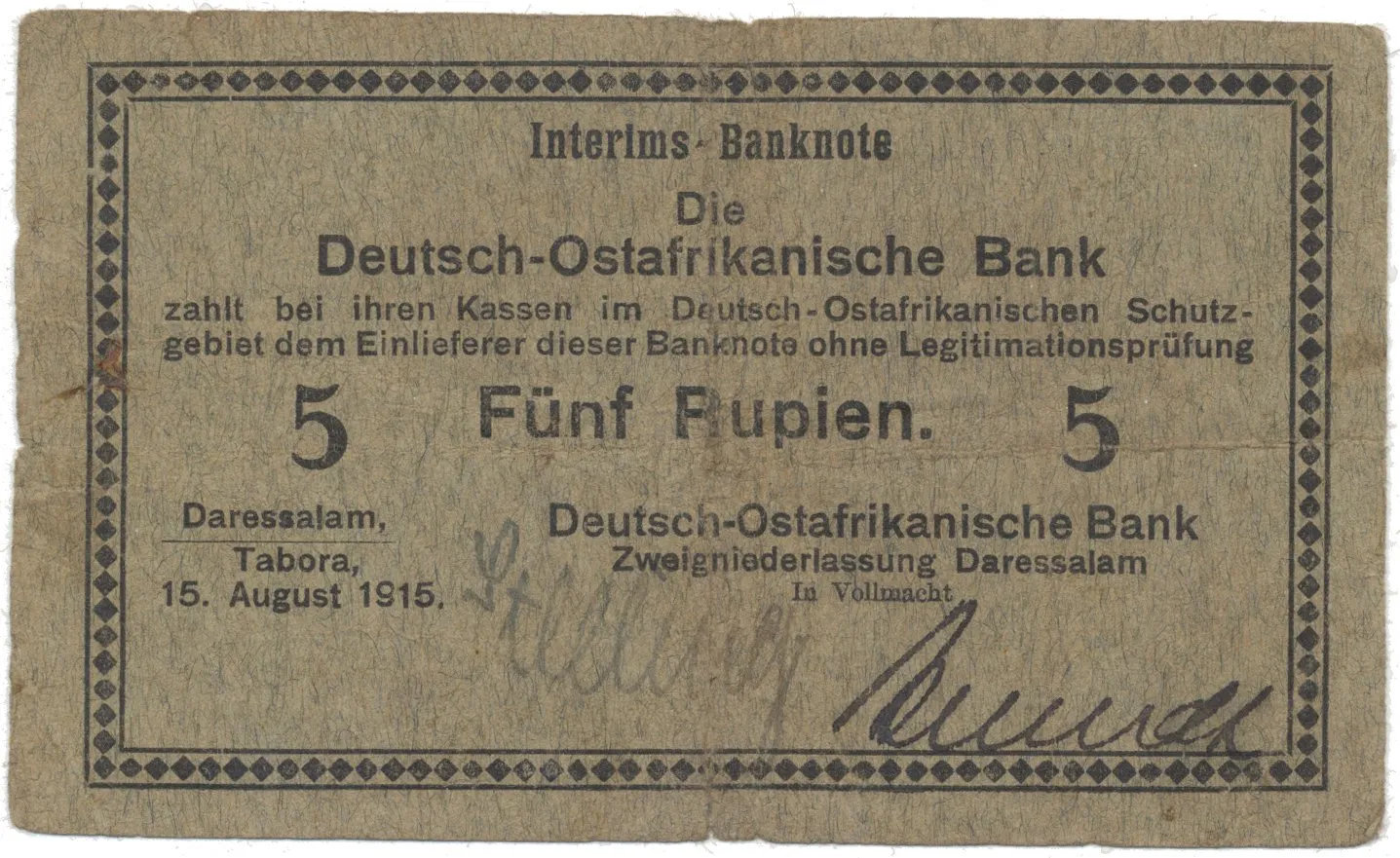 Německá Východní Afrika, 5 Rupien 15. 8. 1915, série B, R.910h