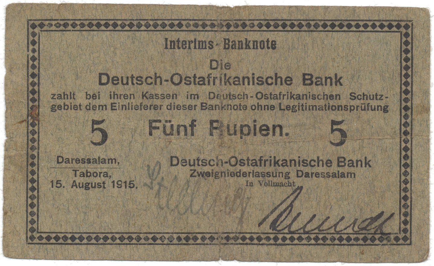 Německá Východní Afrika, 5 Rupien 15. 8. 1915, série B, R.910h