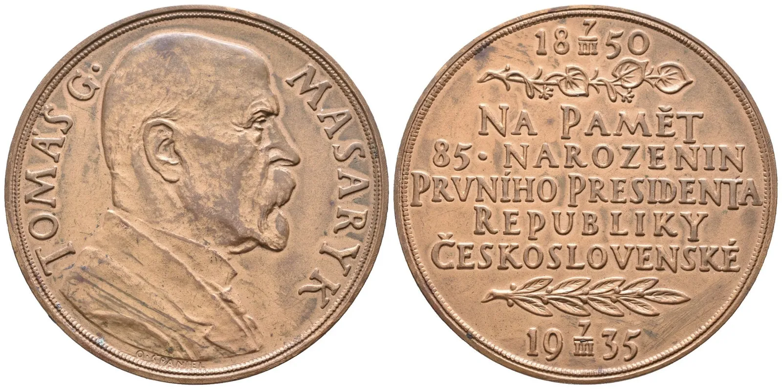 AE Medaile 1935 - K 85. narozeninám T. G. Masaryka. Poprsí T. G. Masaryka zprava, — 1
