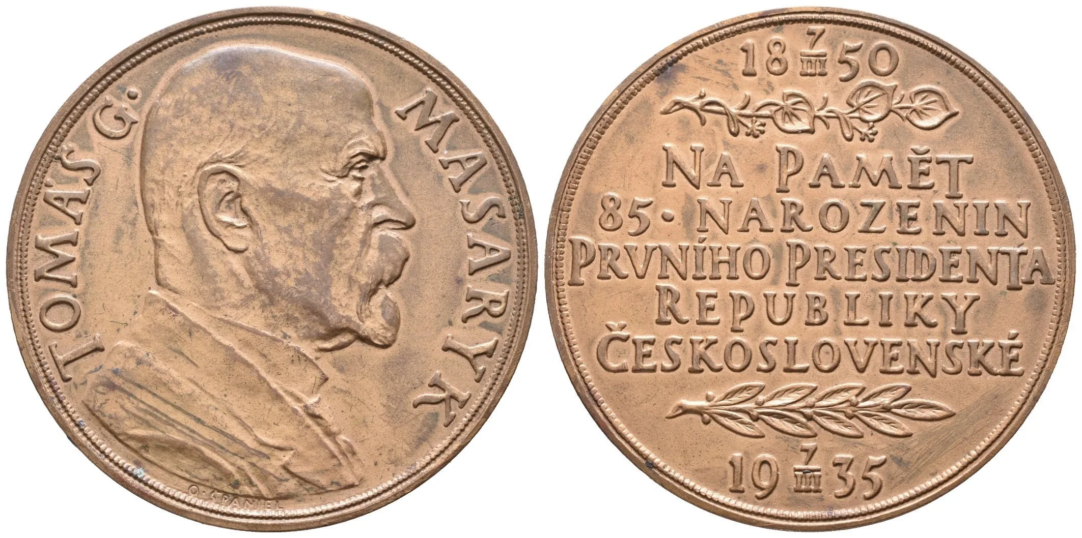 AE Medaile 1935 - K 85. narozeninám T. G. Masaryka. Poprsí T. G. Masaryka zprava, — 1