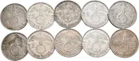 Soubor stříbrných mincí 2 Marka 1938 a 1939 - mincovny A, B, D, E, J, — 2