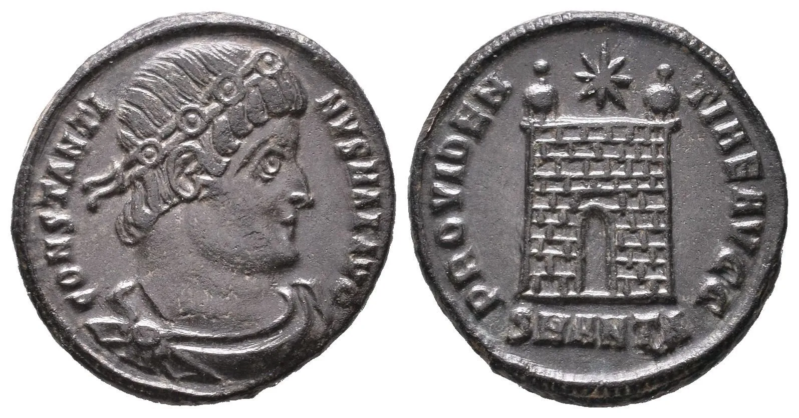 Follis, Antiochia, 331-334, Rv: PROVIDENTIAE AVGG, táborová brána, v exe. — 1