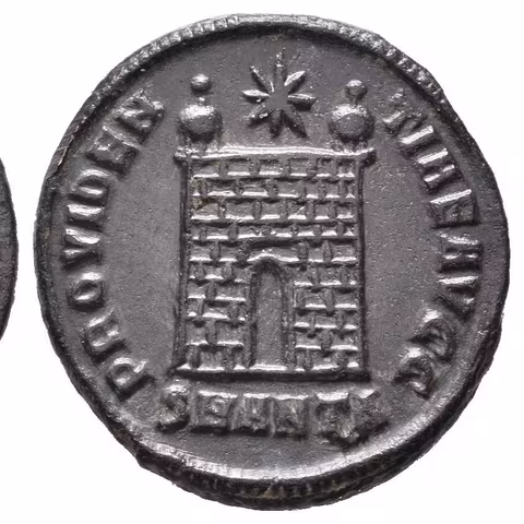 Follis, Antiochia, 331-334, Rv: PROVIDENTIAE AVGG, táborová brána, v exe.