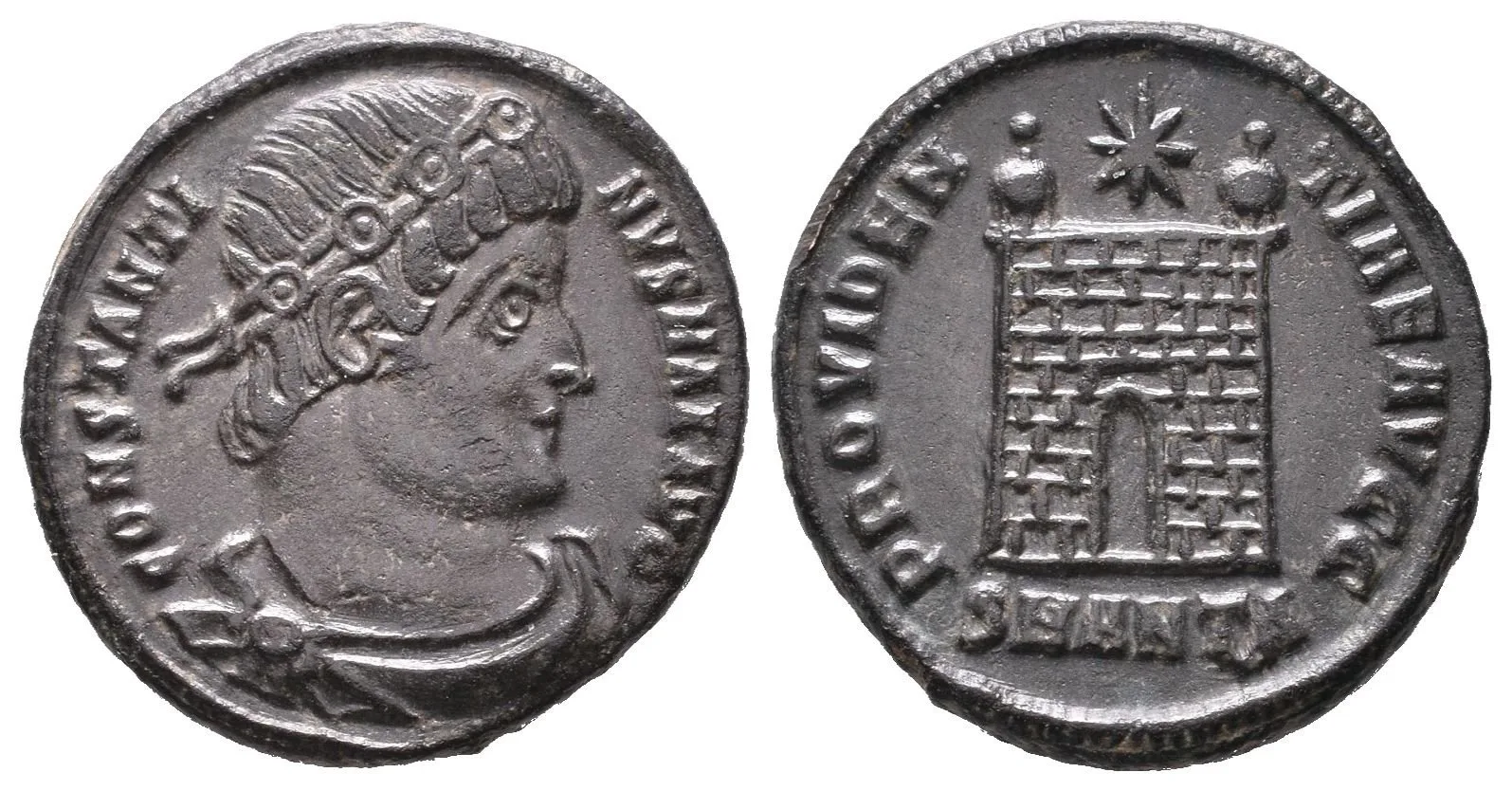 Follis, Antiochia, 331-334, Rv: PROVIDENTIAE AVGG, táborová brána, v exe. — 1