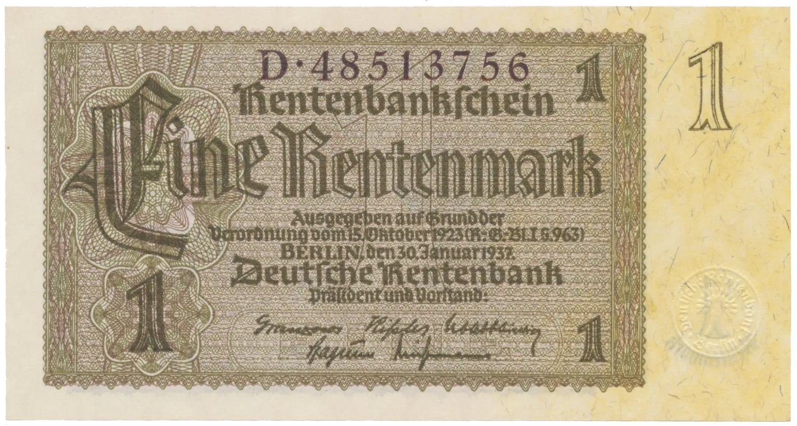 Německo, 1 Rentenmark 1937, hnědý 8-místný říšský číslovač, Hej.D11b