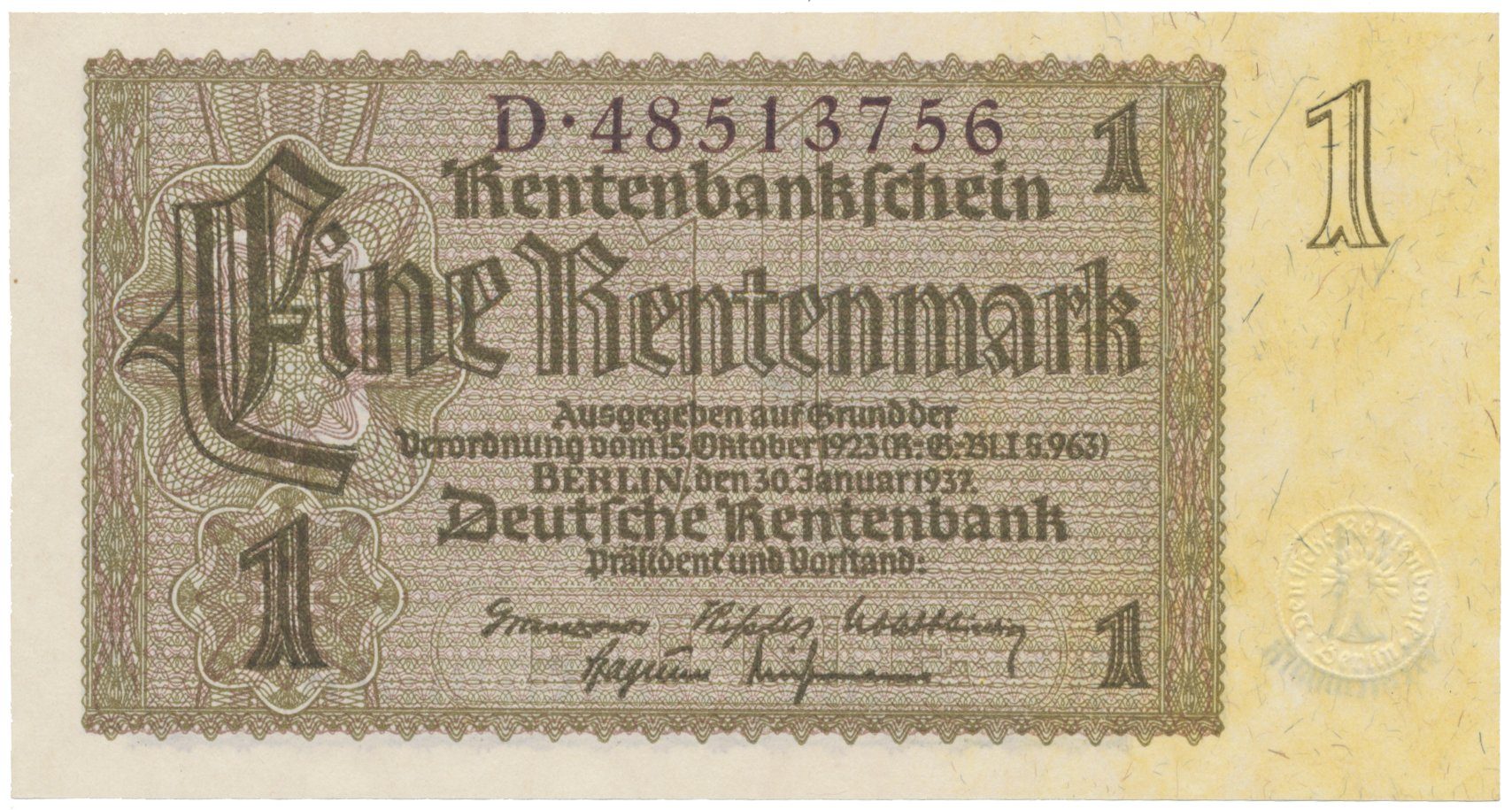 Německo, 1 Rentenmark 1937, hnědý 8-místný říšský číslovač, Hej.D11b