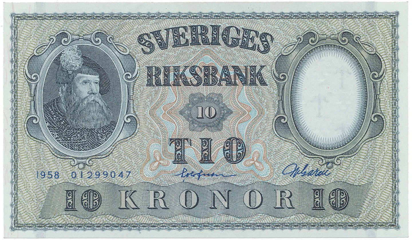Švédsko, 10 Kronor 1958, modrý číslovač, P.43f