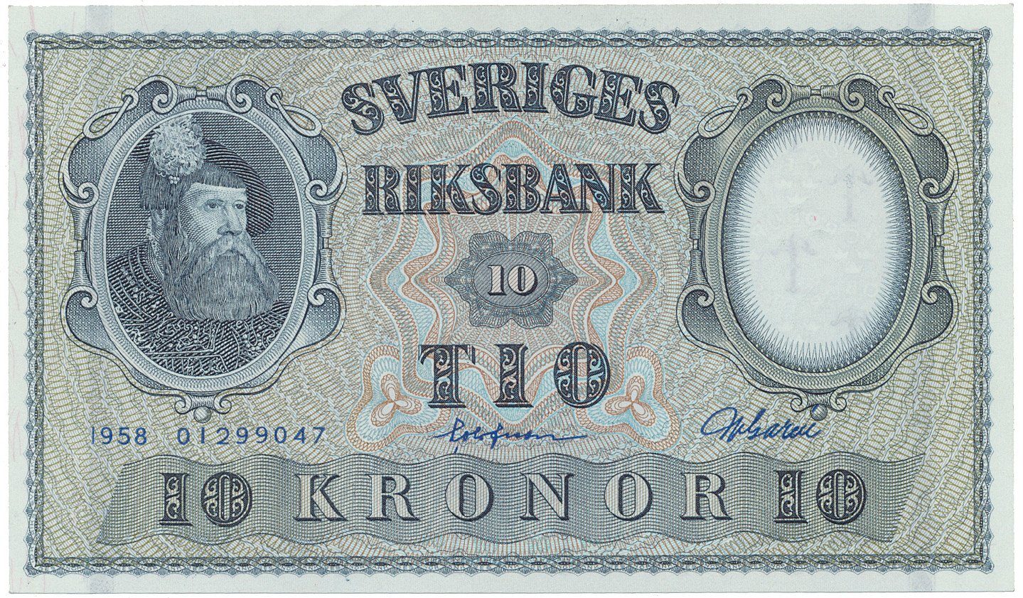 Švédsko, 10 Kronor 1958, modrý číslovač, P.43f