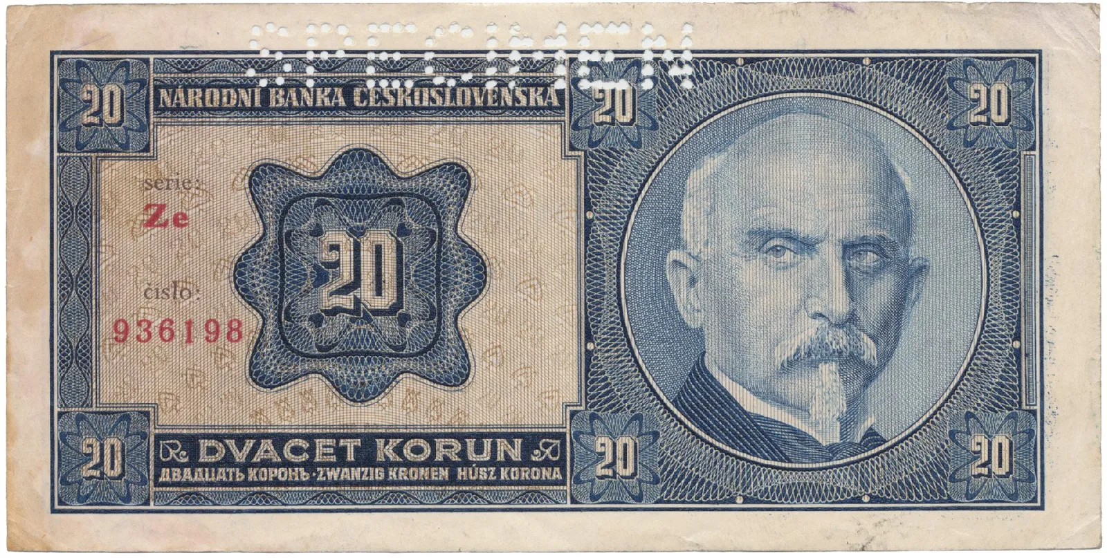 Československo, 20 Koruna 1926, tisk TB NBČS, perf. 1x SPECIMEN z rubu, Hej.21c2.S2
