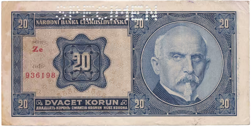 Československo, 20 Koruna 1926, tisk TB NBČS, perf. 1x SPECIMEN z rubu, Hej.21c2.S2