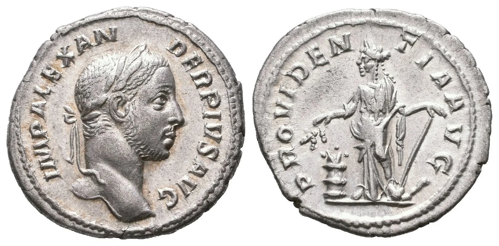 Denár, 222 - 228, Rv: PROVIDENTIA AVG, stojící Providentia zleva drží hůlku — 1