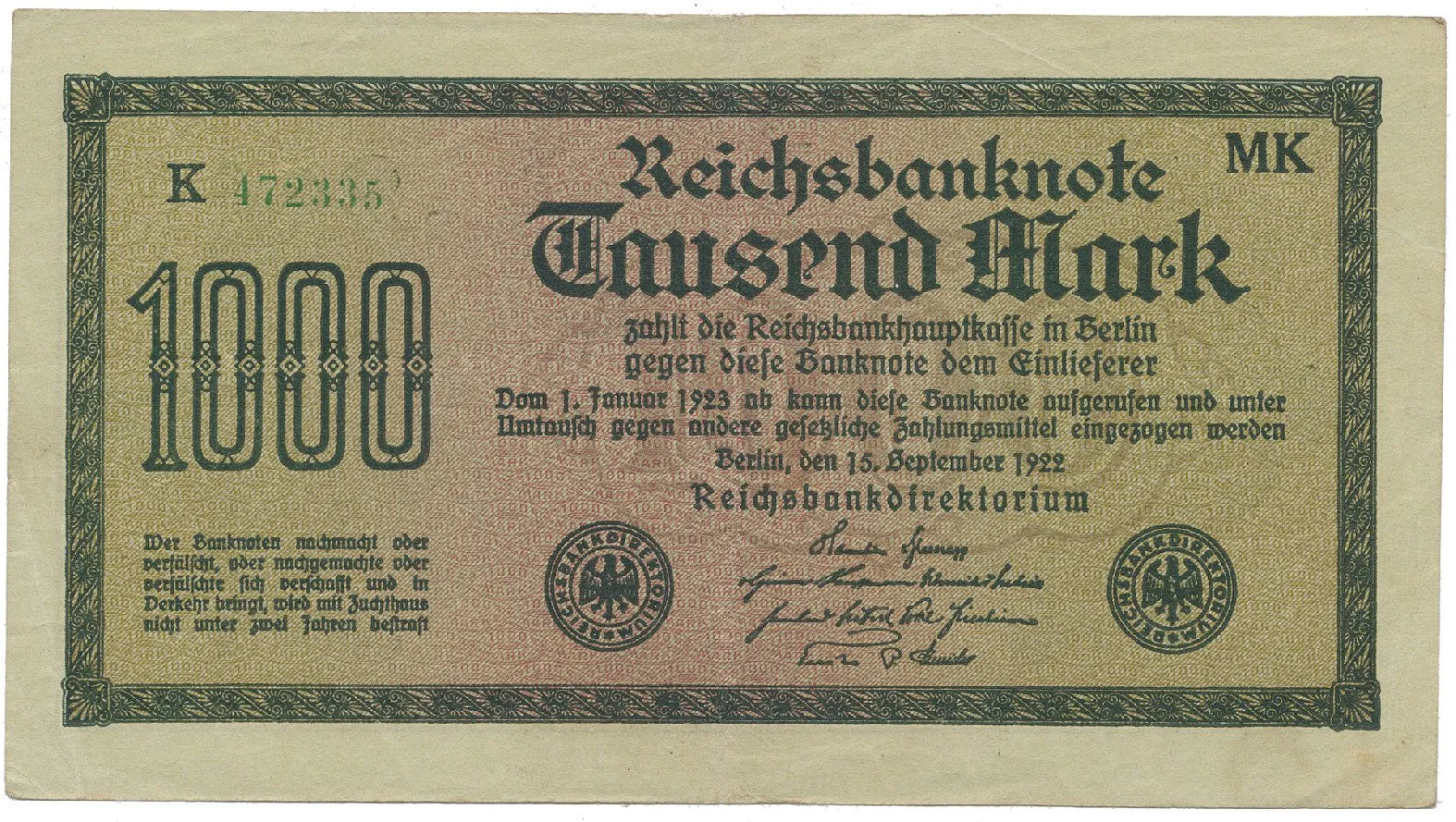 Německo, 1000 Mark 1922, vod. Vielecke, 6-místné číslo, Ro.75f