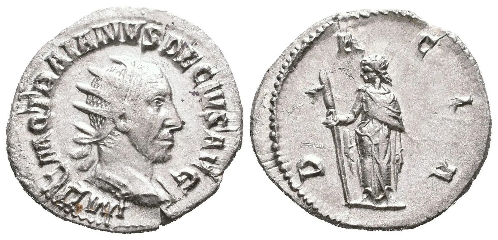 Antoninian, 249 - 251, Rv: DACIA, stojící Dacia zleva drží dlouhou hůl zakončenou — 1