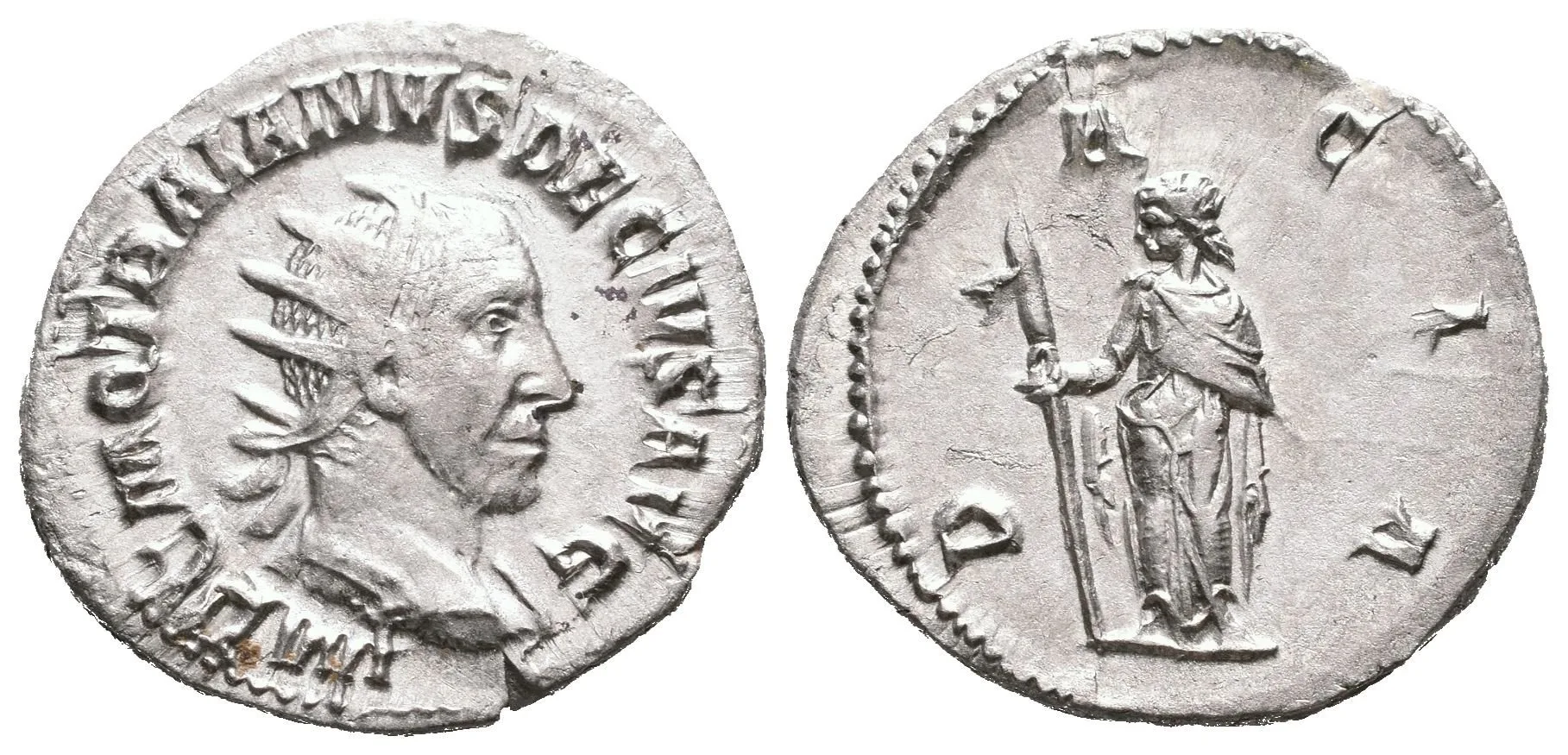 Antoninian, 249 - 251, Rv: DACIA, stojící Dacia zleva drží dlouhou hůl zakončenou — 1