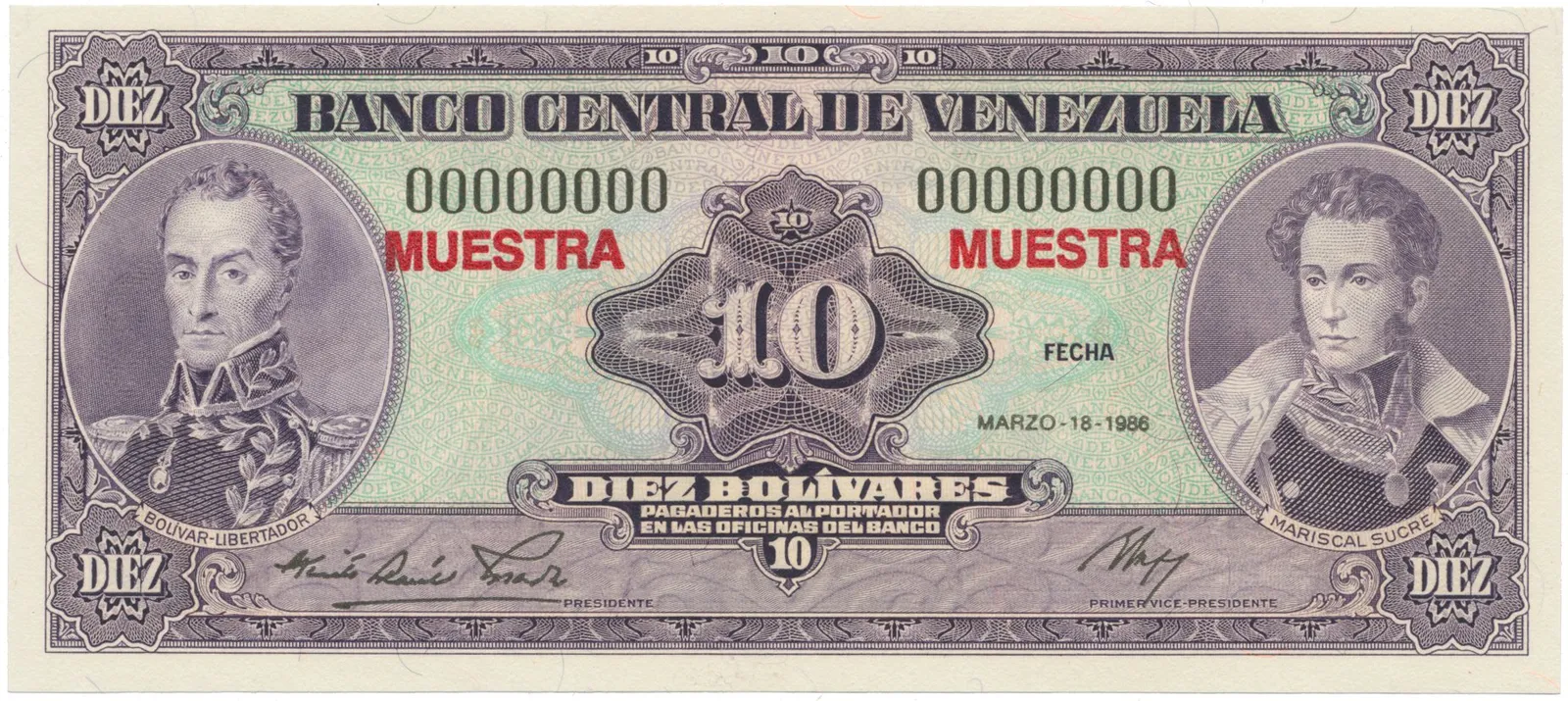 Venezuela, 10 Bolivares 1986, anulát - MUESTRA, P.61as
