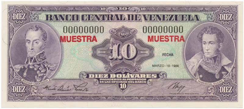 Venezuela, 10 Bolivares 1986, anulát - MUESTRA, P.61as