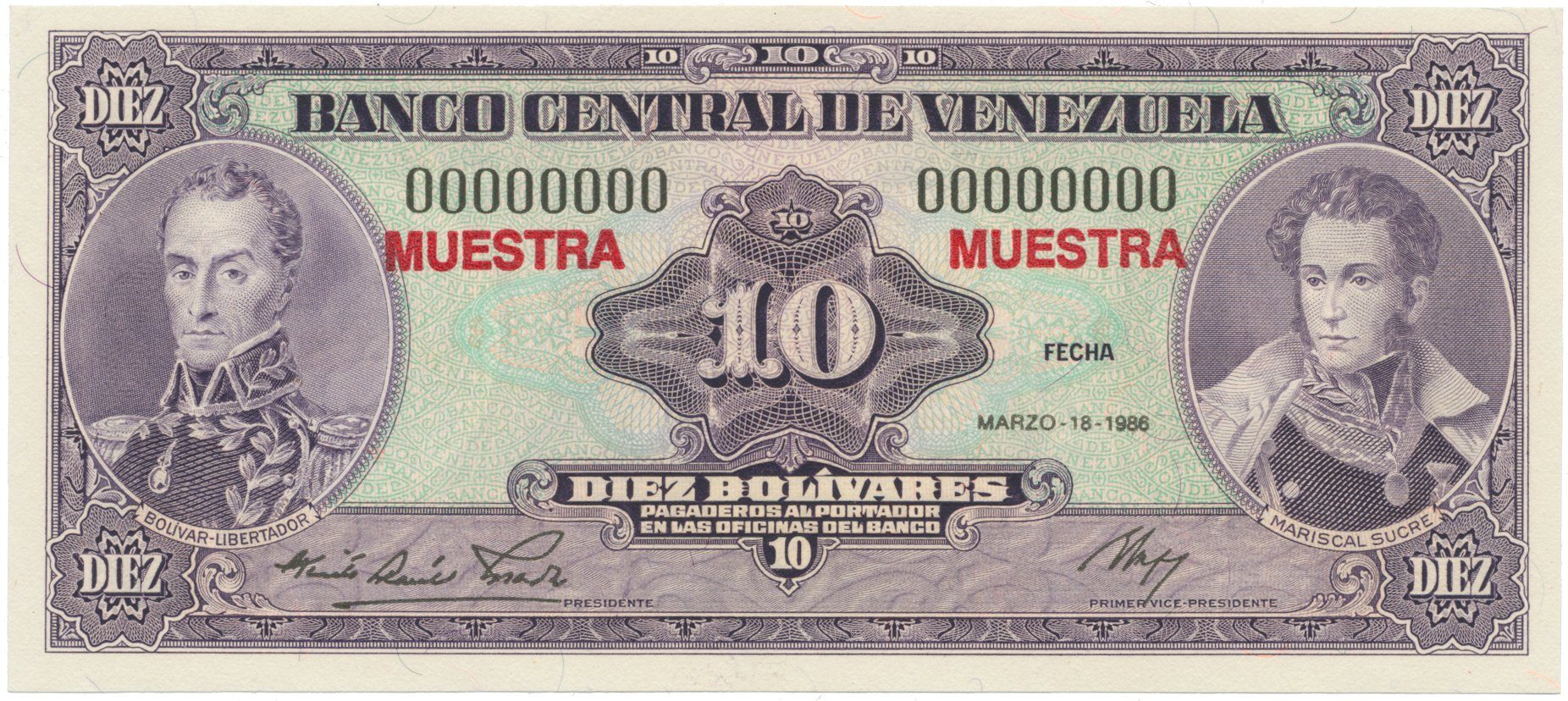 Venezuela, 10 Bolivares 1986, anulát - MUESTRA, P.61as