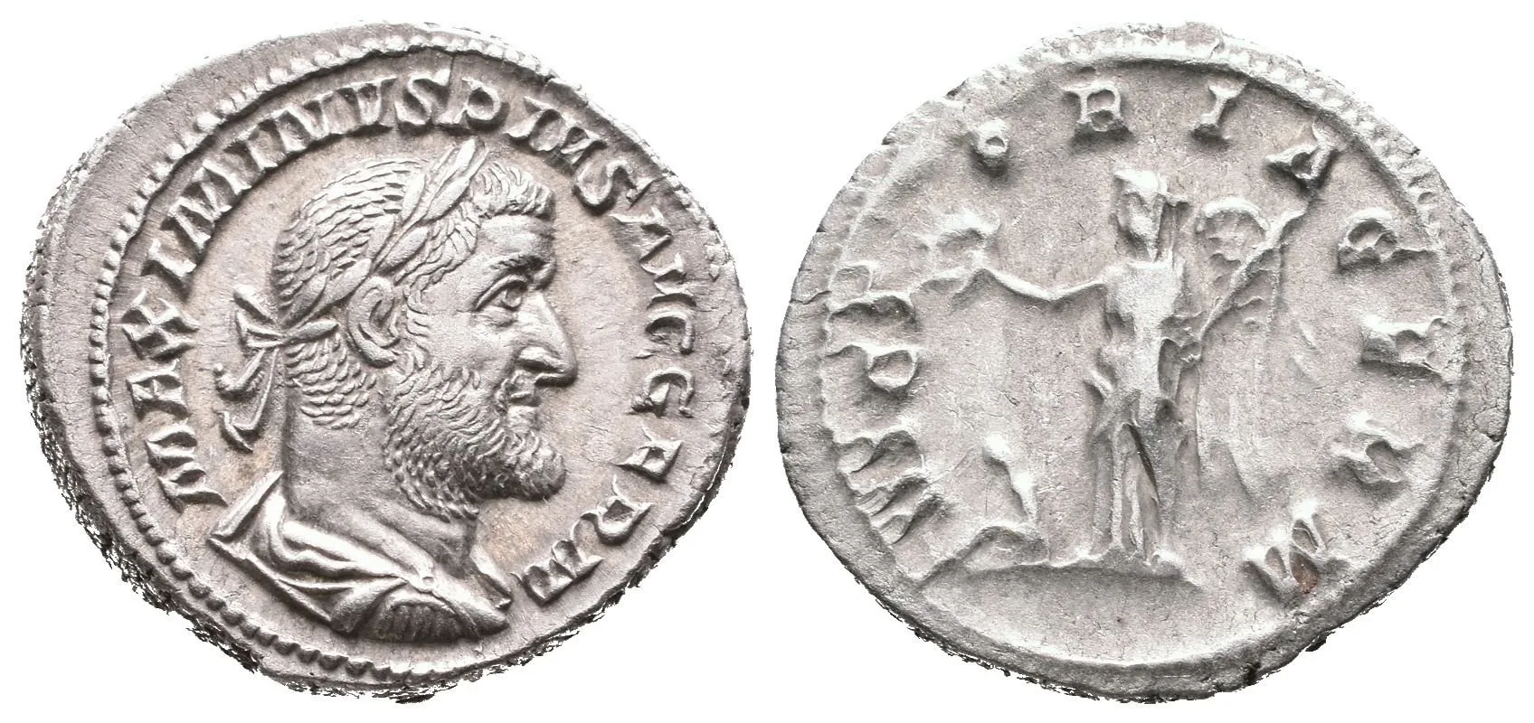Denár, 235 - 236, Rv: VICTORIA GERM, stojící Victoria zleva, drží věnec a ratolest, — 1