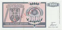 Bosna a Hercegovina, 1000 Dinara 1992, bankovní vzor, AA 0000000, přet. SPECIMEN, P.137s - fotografie 2