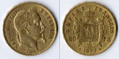 Zlatá mince - 20-ti frank - Francie 1870