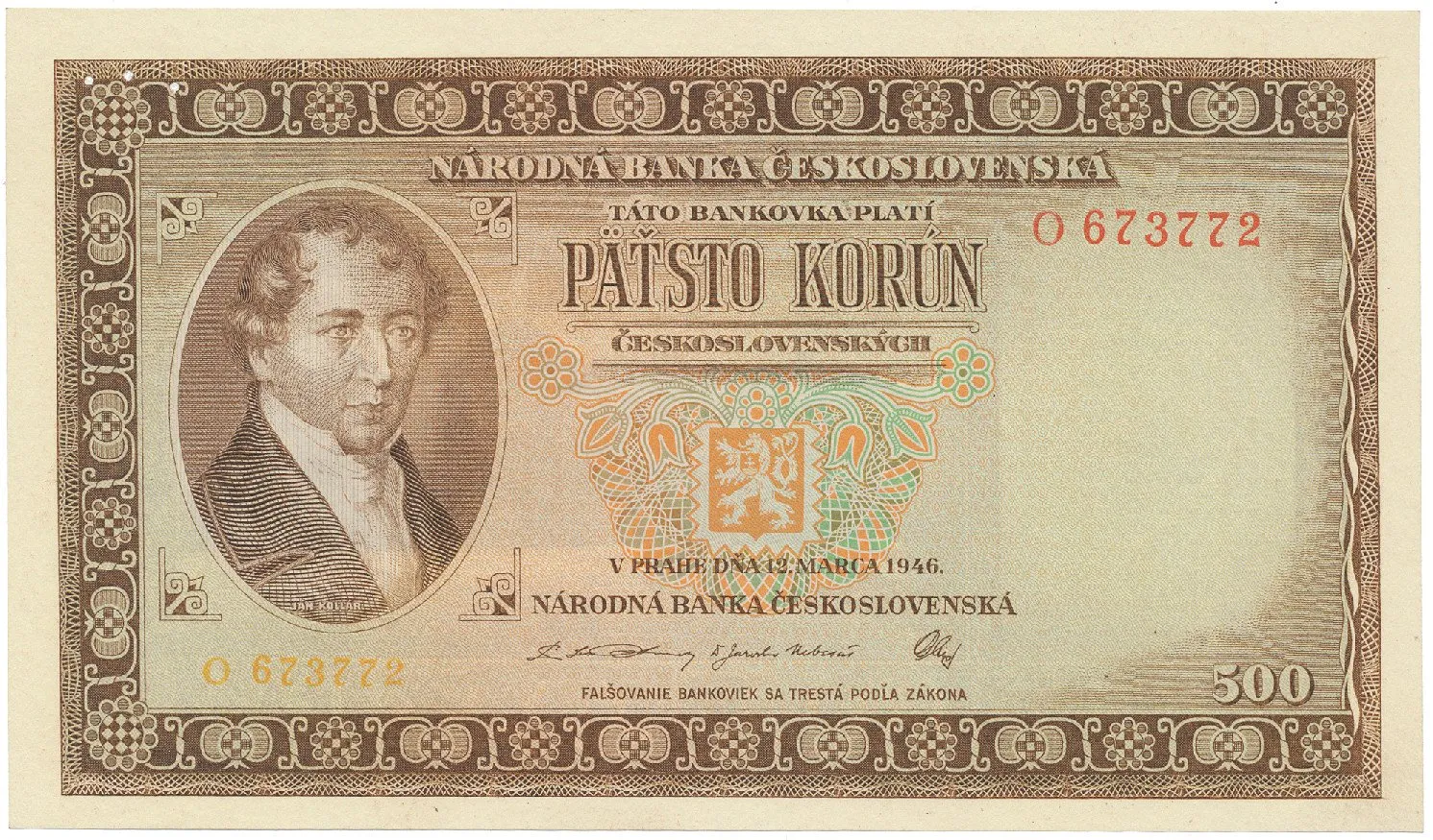 500 Koruna 1946, série A-Z, perforace 3 m.d. v obloučku, Hej.81a.S2