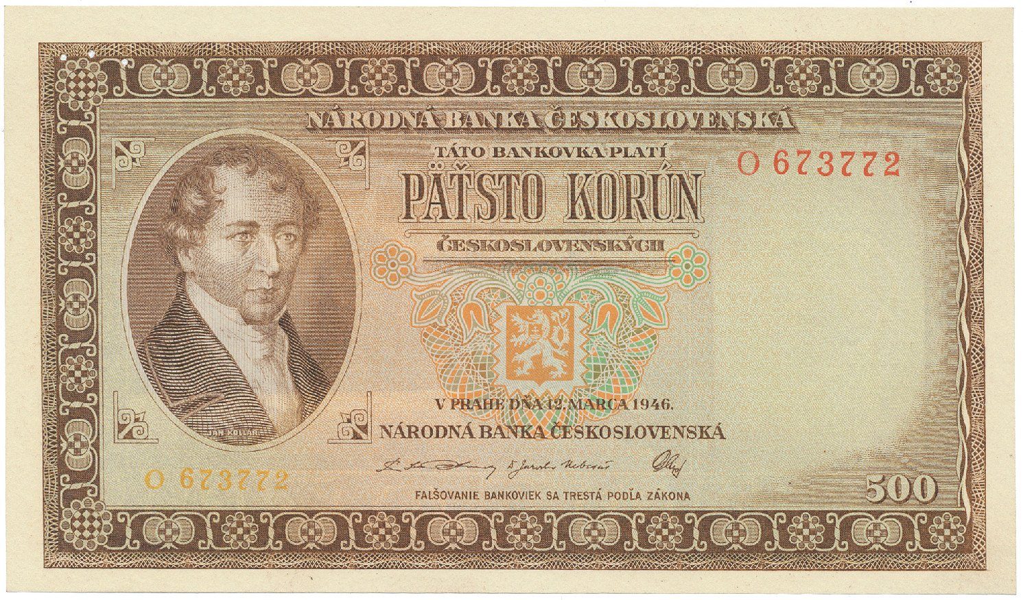 500 Koruna 1946, série A-Z, perforace 3 m.d. v obloučku, Hej.81a.S2