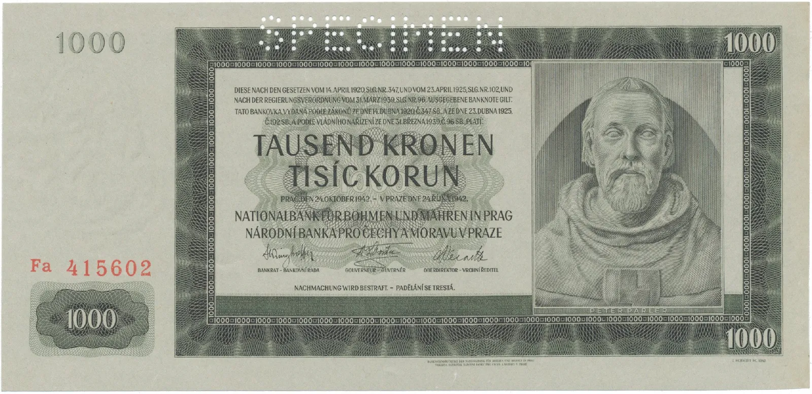 Protektorát Čechy a Morava, 1000 Koruna 1942, II. vydání, perf. 1x SPECIMEN, Hej.39a.S1