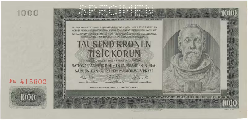 Protektorát Čechy a Morava, 1000 Koruna 1942, II. vydání, perf. 1x SPECIMEN, Hej.39a.S1