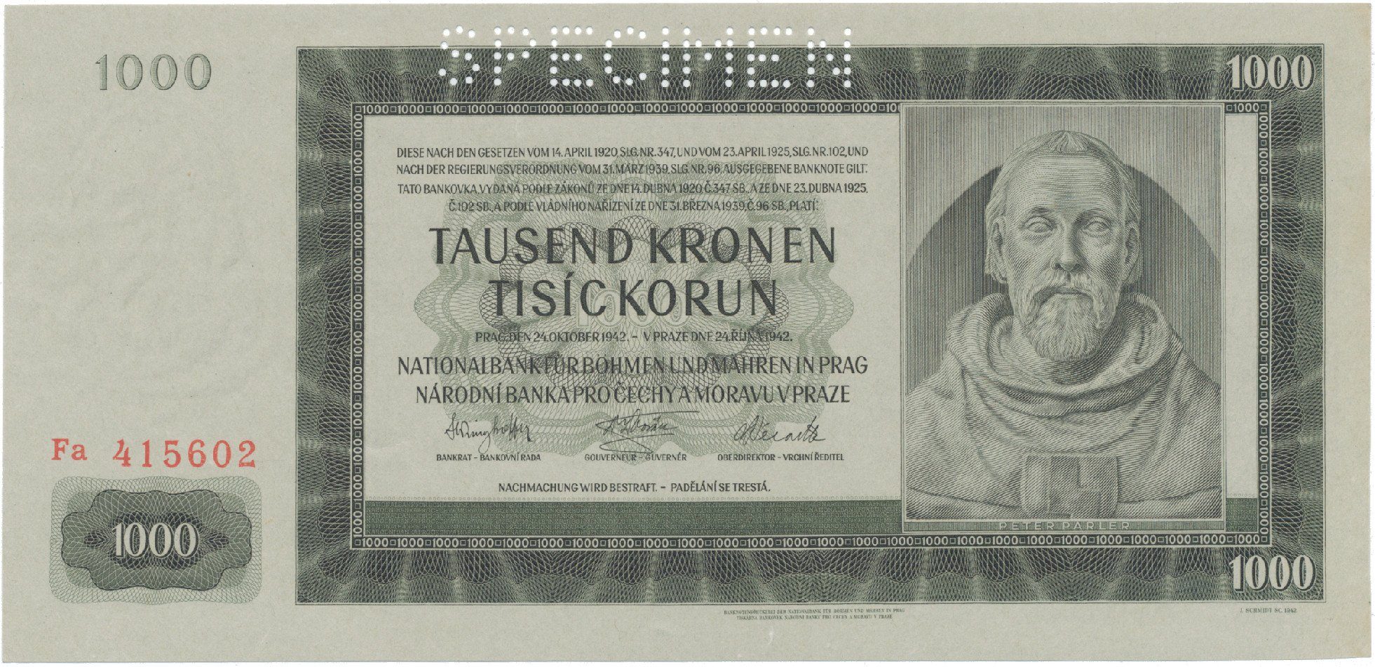 Protektorát Čechy a Morava, 1000 Koruna 1942, II. vydání, perf. 1x SPECIMEN, Hej.39a.S1