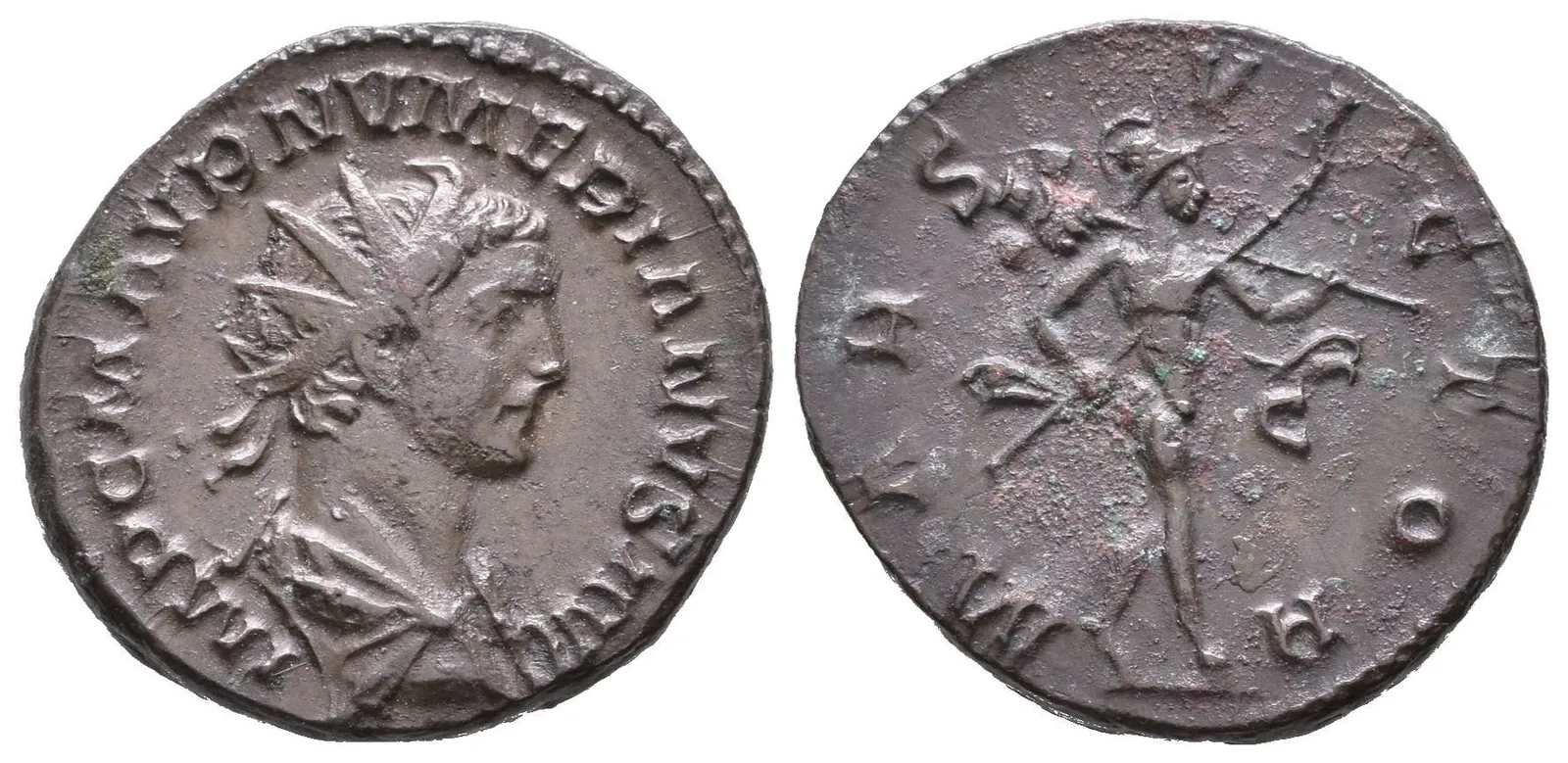 Antoninian, Lugdunum, Rv: MARS VICTOR, kráčející Mars doprava nese oštěp a trofej, — 1