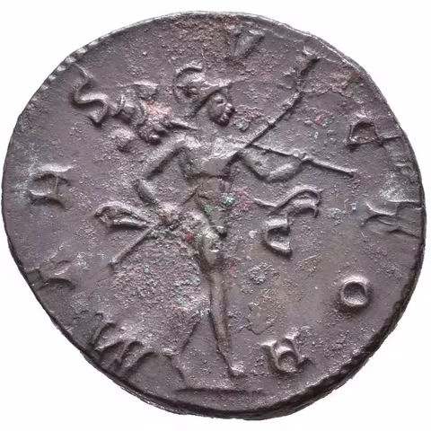 Antoninian, Lugdunum, Rv: MARS VICTOR, kráčející Mars doprava nese oštěp a trofej,