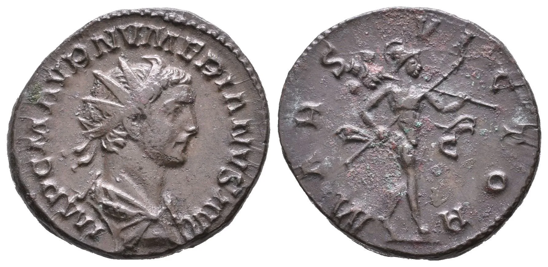 Antoninian, Lugdunum, Rv: MARS VICTOR, kráčející Mars doprava nese oštěp a trofej, — 1